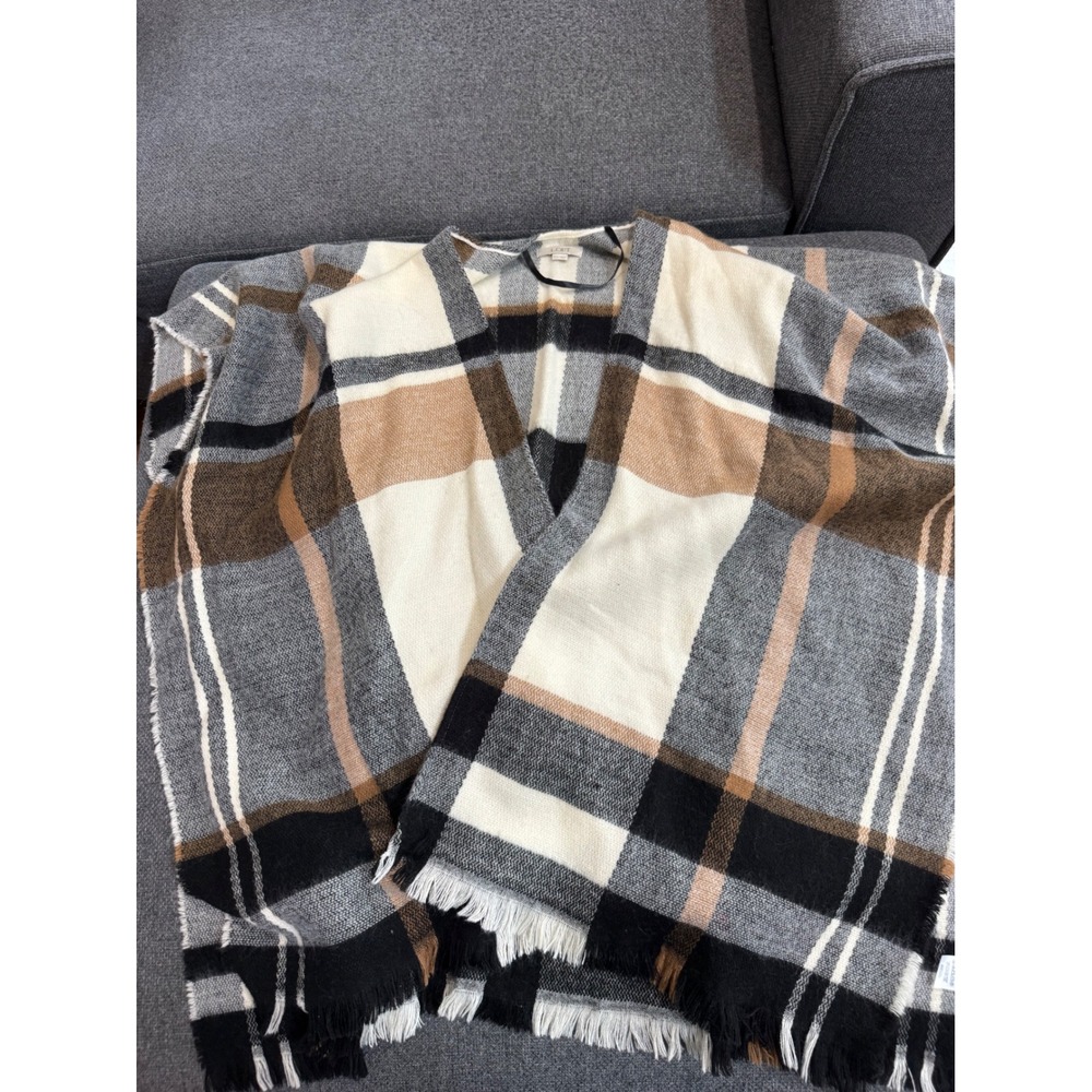 Loft Plaid Wrap Poncho Cream Tan Grey Black Fringed Open Front Shawl XS S